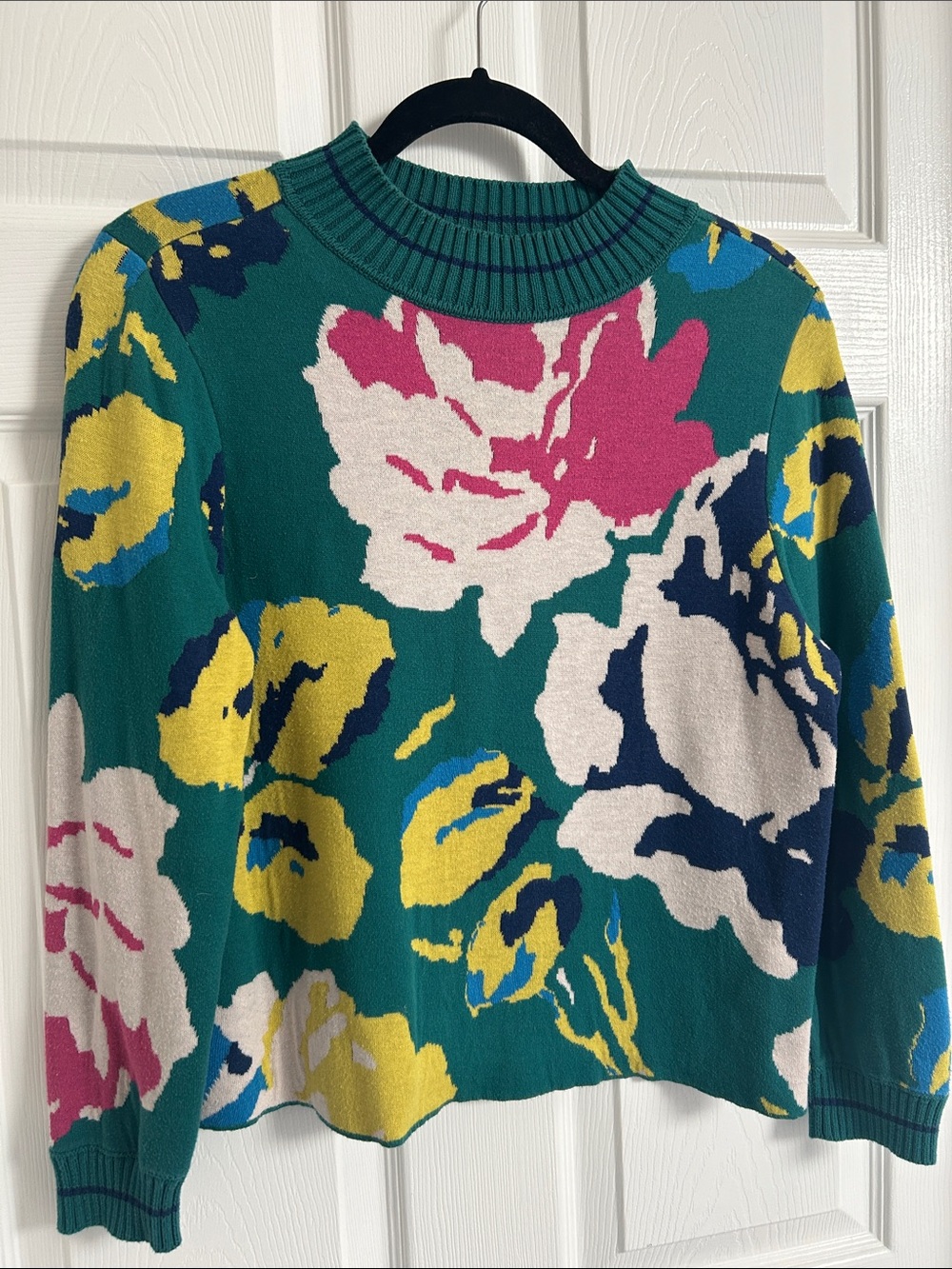 Anthropologie Floral Crewneck Sweater in Teal, Pink & Yellow